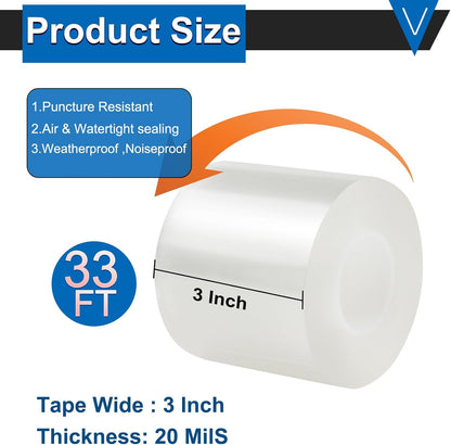 Window Weather Sealing Tape 2 Inch x 33 FT Weather Stripping Residue-Free Clear Window Draft Isolation Sealing Film Caulk Tape for Doors and Shower Glass Gaps Bathroom