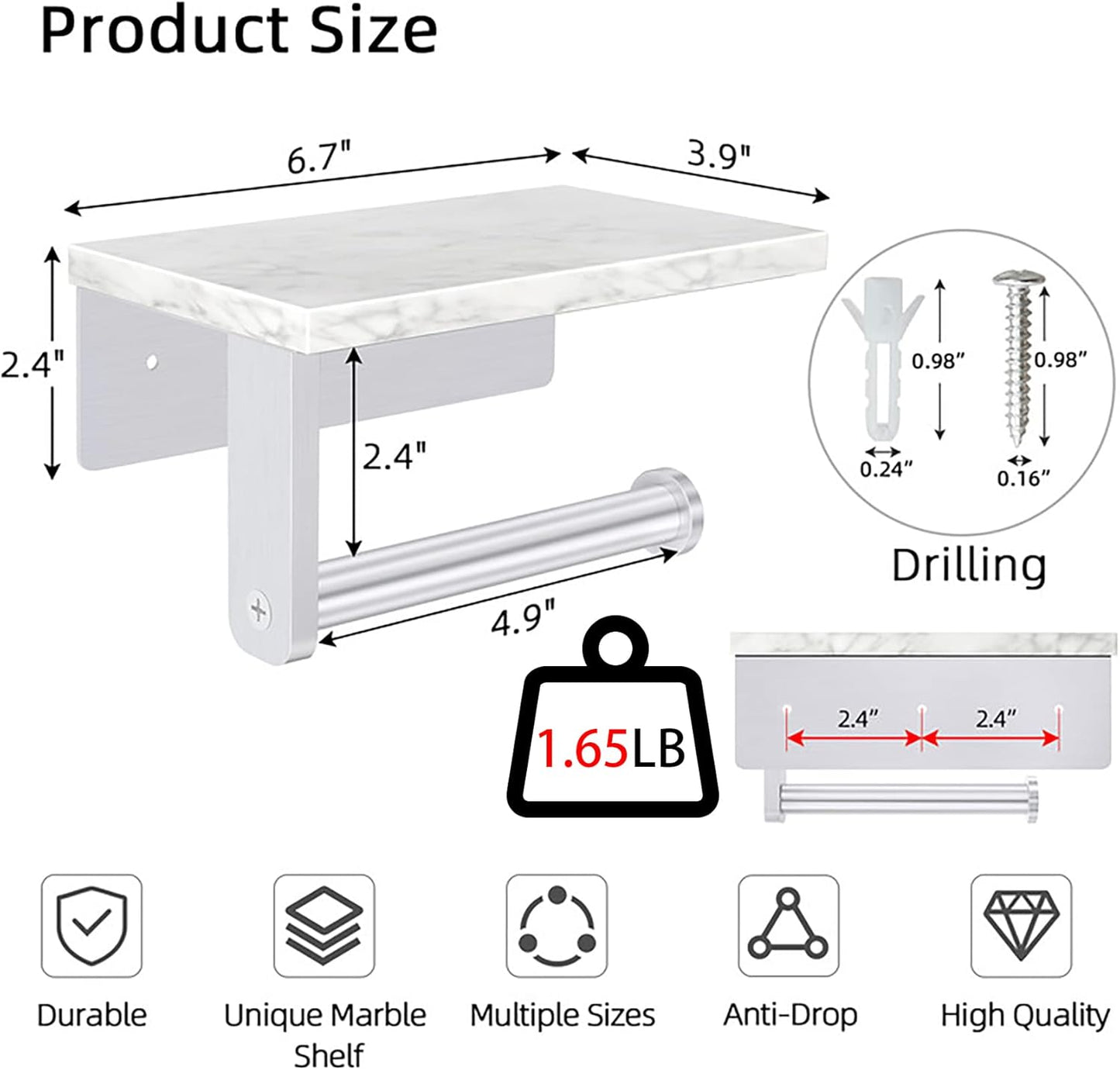 Gypie Marble Toilet Paper Holder with Shelf, Wall Mounted Matte Black | Stainless Steel Tissue Roll Paper Holder Dispenser for Bathroom Washroom