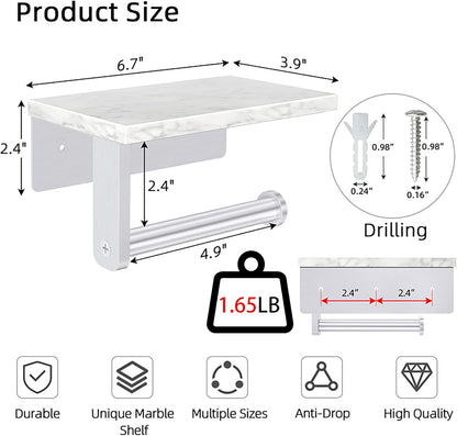 Gypie Marble Toilet Paper Holder with Shelf, Wall Mounted Matte Black | Stainless Steel Tissue Roll Paper Holder Dispenser for Bathroom Washroom