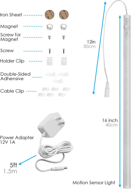 Under Cabinet Lighting LED Motion Sensor Lights Plug in Indoor, 16 inch 500LM 12V Under Counter Super Bright Ultra Thin Magnetic for Kitchen/Closet/Hallway/Toilet/Garage(Cool White/6000K)