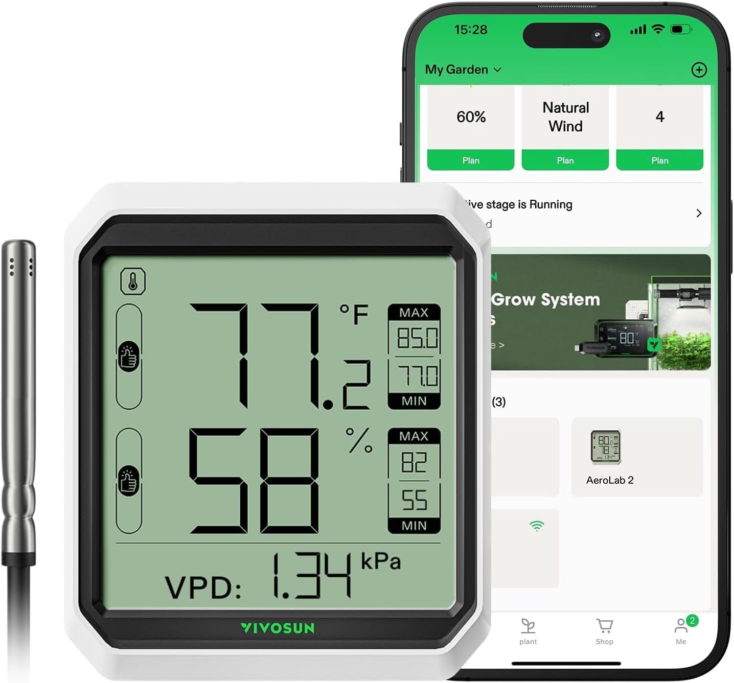 VIVOSUN Digital Hygrometer Thermometer, Humidity Meter with Probe, App | Wireless Bluetooth, Indoor, VPD, Data Storage, Dual Channels with Sensor Probe, Battery Included