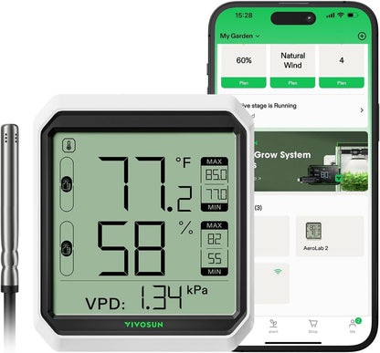 VIVOSUN Digital Hygrometer Thermometer, Humidity Meter with Probe, App | Wireless Bluetooth, Indoor, VPD, Data Storage, Dual Channels with Sensor Probe, Battery Included