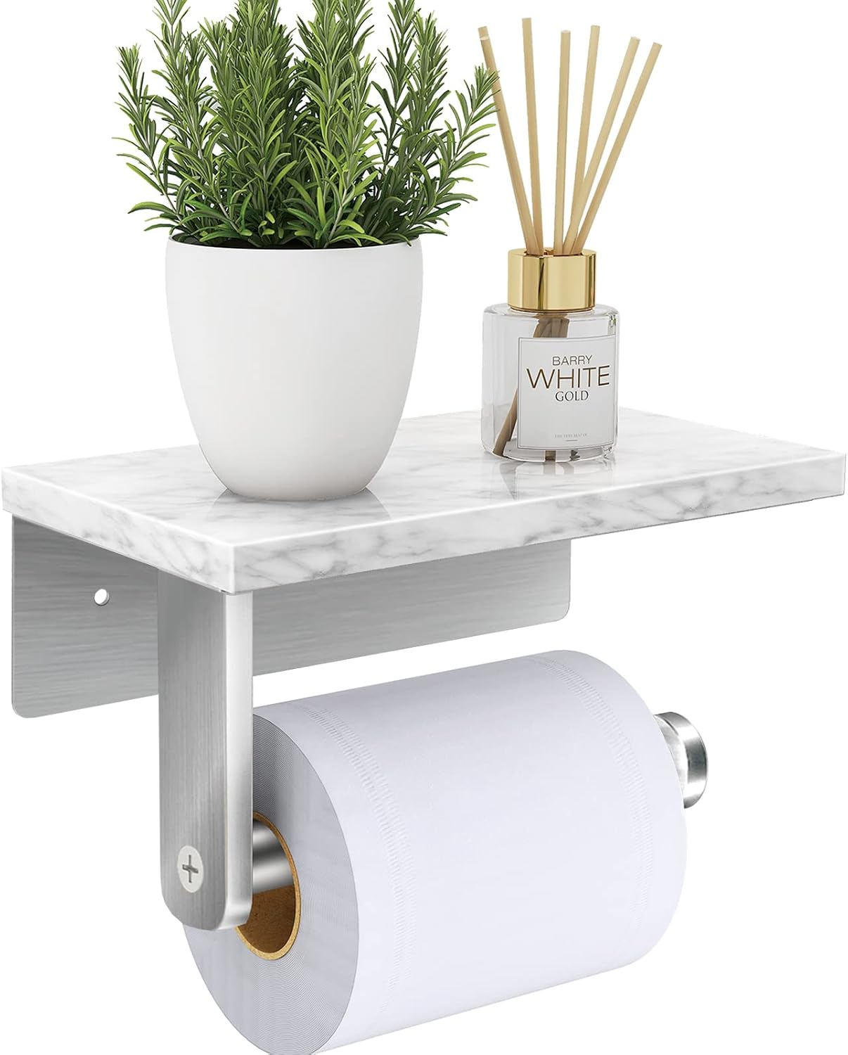 Gypie Marble Toilet Paper Holder with Shelf, Wall Mounted Matte Black | Stainless Steel Tissue Roll Paper Holder Dispenser for Bathroom Washroom