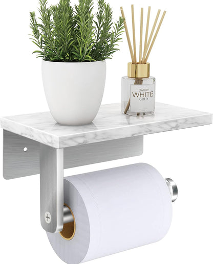 Gypie Marble Toilet Paper Holder with Shelf, Wall Mounted Matte Black | Stainless Steel Tissue Roll Paper Holder Dispenser for Bathroom Washroom