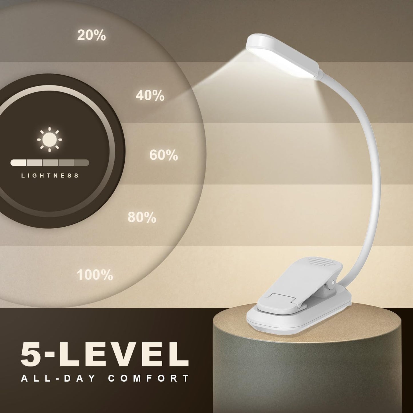 Rechargeable Book Light for Reading in Bed 25 LED - Eye Caring 15 Level Stepless Dimming, Extended 90Hrs Runtime, Lightweight Clip on Light, Gifts for Book Lovers, Black