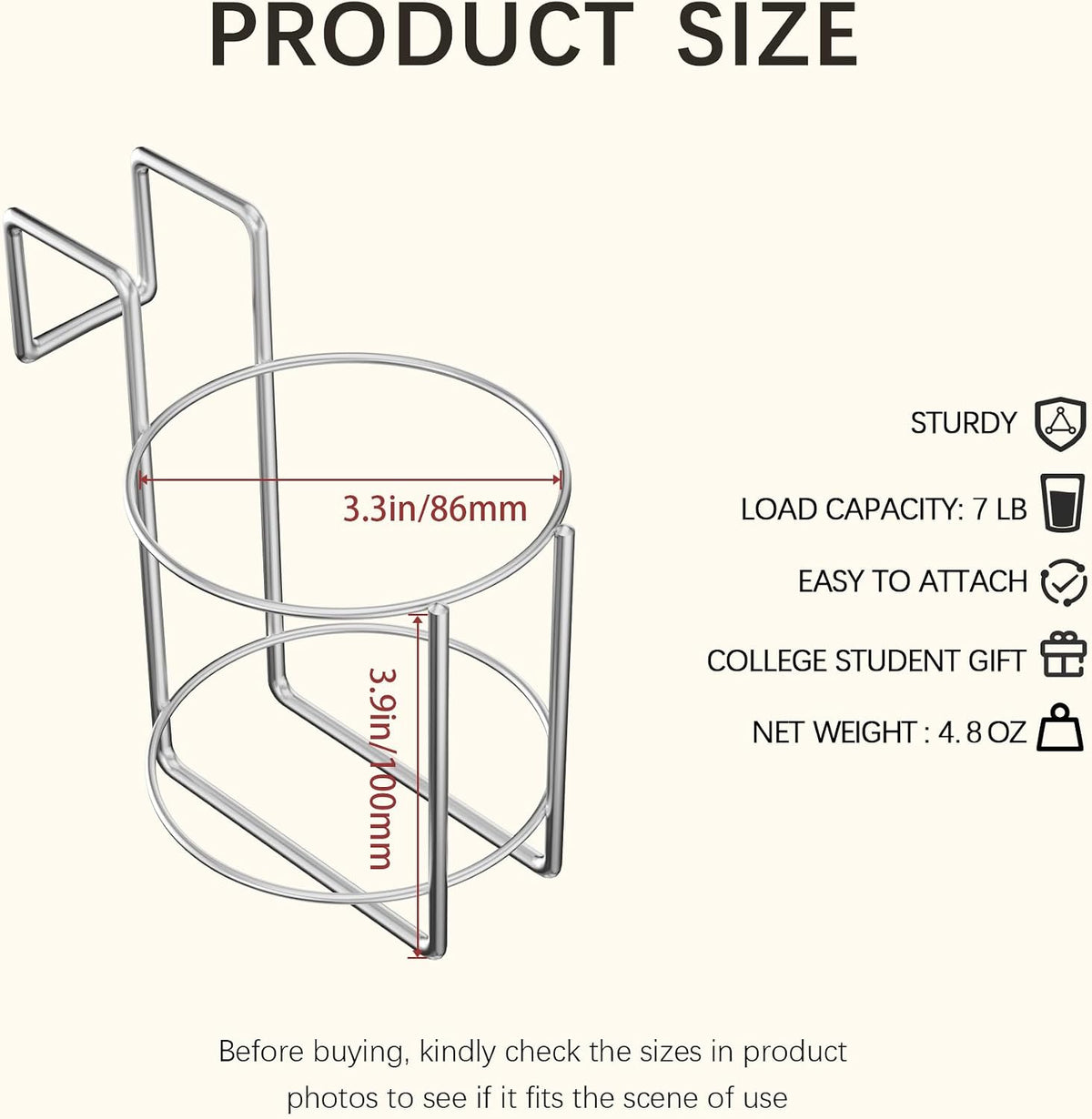 Cup Holder for Bed (Diameter: 3.3IN) Drink Holder Water Bottle/Glass Organizer for Wood Dorm Room Bunk Bed Crib, Metal Toddle Bed,Loft Bedside, Headbed, Car,Office Desk Partition
