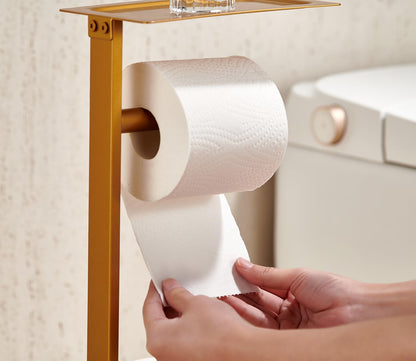 Miyili Matte Black Freestanding Toilet Paper Holder with Shelf, Premium SUS 304 Stainless Steel Bathroom Storage Organizer & Paper Towel Dispenser