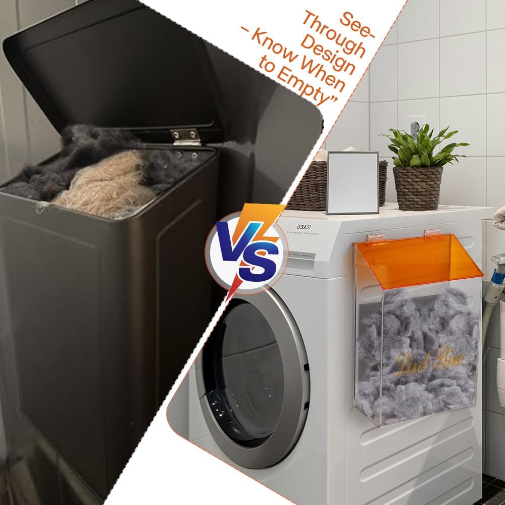 Picowe Magnetic Laundry Storage, Large Clear Acrylic Lint Holder Bin with Lid for Laundry Room with Dryer Lint Brush, Space-Saving Trash Container Hanging on Dryer, Washer or Wall Mount Trash Bin