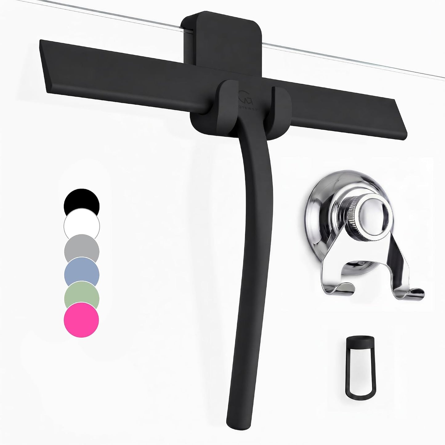 Silicone Shower Squeegee with 3-in-1 No-Drill Mount, Black, 9'' | Squeegee for Glass Doors & Mirrors with Stainless Steel Core, Streak-Free & No-Squeak Window Cleaning, Hook/Suction/Adhesive