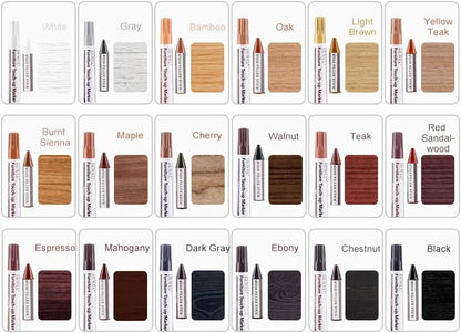 DEWEL Furniture Touch Up Markers, 17-Piece Wood Repair Kit with Wax Sticks | 8 Wood Touch Up Markers + 8 Wax Filler Sticks + Sharpener; Maple, Oak, Cherry, Walnut, Mahogany, White, Gray & Black