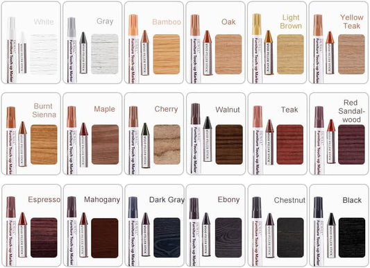 DEWEL Furniture Touch Up Markers, 17-Piece Wood Repair Kit with Wax Sticks | 8 Wood Touch Up Markers + 8 Wax Filler Sticks + Sharpener; Maple, Oak, Cherry, Walnut, Mahogany, White, Gray & Black