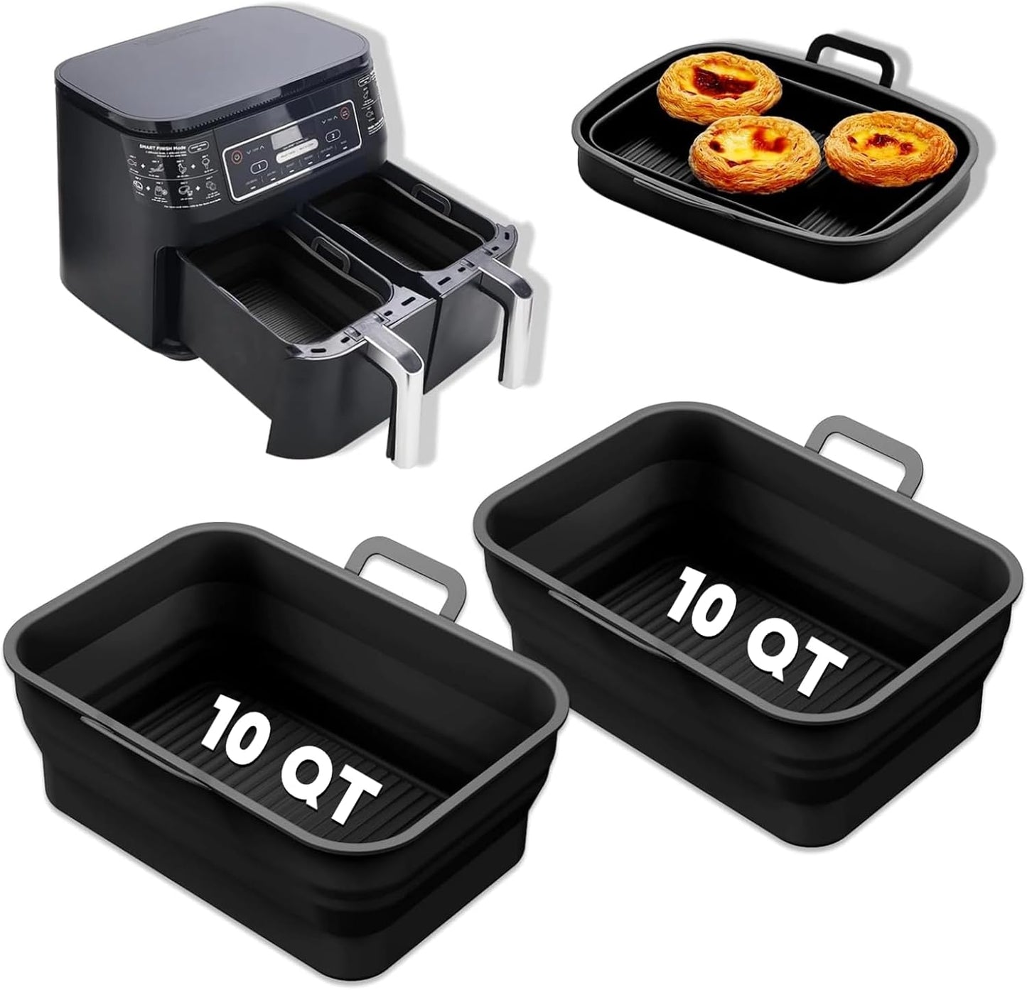 Collapsible Silicone Air Fryer Liners 8QT 10QT Ninja Dual (Gray) | 2 Pack Food Grade Platinum Silicone, Snug Rectangular Fit, Grease Drainage Ridges, Dishwasher Safe, BPA Free Basket Liner
