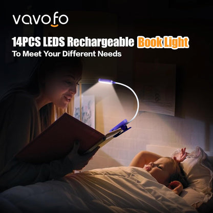 VAVOFO Rechargeable Book Light, 14 LEDs Eye Care Clip On Amber Reading Light for Bookworms Reading in Bed with 9 Colors 9 Brightness (Blue)