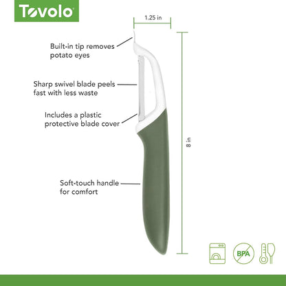 Tovolo Vegetable Peeler with Ultra Sharp Stainless Steel Swivel Blade Non Slip Handle, Multi Functional Dishwasher Safe Kitchen Wide Ribbon Potato Peeler for Fruit Veggies Carrots Apples, Oatmeal