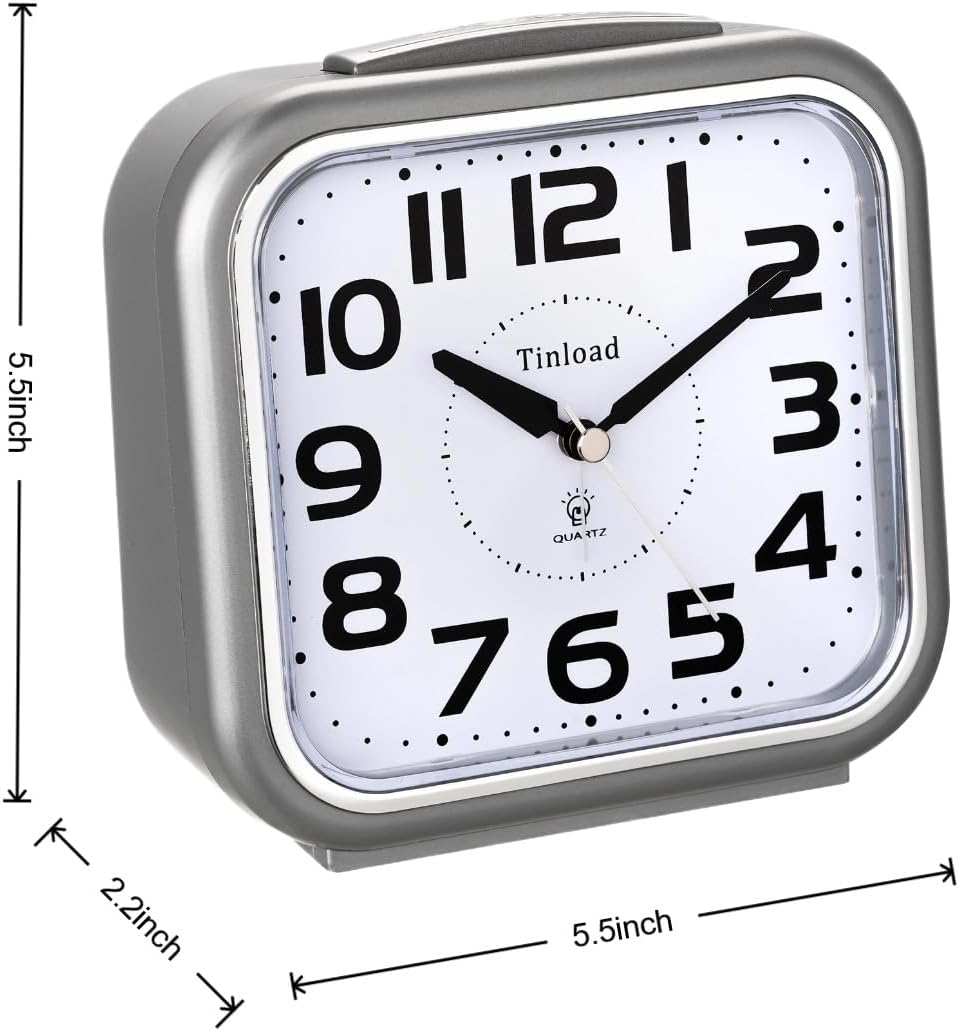 Tinload 5.5" Large Analog Alarm Clock Silent Non Ticking, Gentle Wake, Beep Sounds, Increasing Volume, Battery Operated Snooze and Manual Light, Easy Set, Black (Best for Elder)