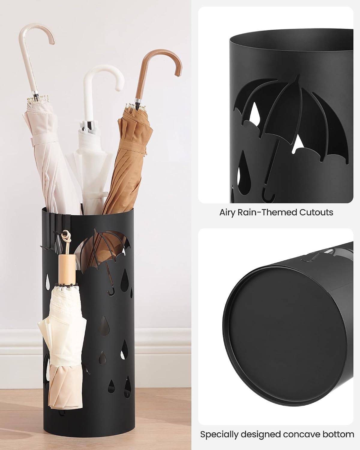 SONGMICS Umbrella Stand, Steel Round Holder Rack, 6.7 x 6.7 x 16.1 Inches | Umbrella Holder, with Detachable Drip Tray, Assembly Required, for Entryway, Office, Matte Black, PATSY Collection ULUC024B01