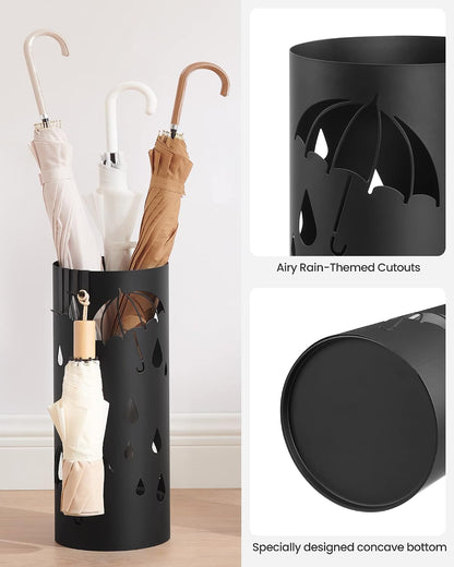 SONGMICS Umbrella Stand, Steel Round Holder Rack, 6.7 x 6.7 x 16.1 Inches | Umbrella Holder, with Detachable Drip Tray, Assembly Required, for Entryway, Office, Matte Black, PATSY Collection ULUC024B01