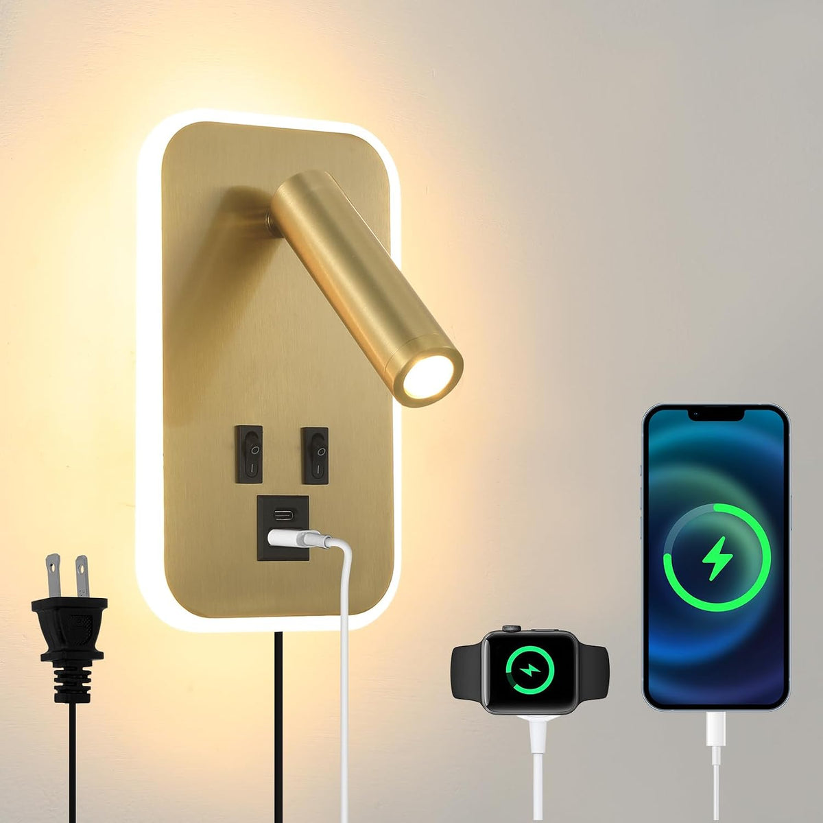 Wall Sconce Plug in with Wall Mounted Reading Lights,Modern Wall Lamp for Bedroom with Charging Station USB C+A Ports,Headboard Bedside Lamps with 3W+9W Night Light,3 Color Temperature
