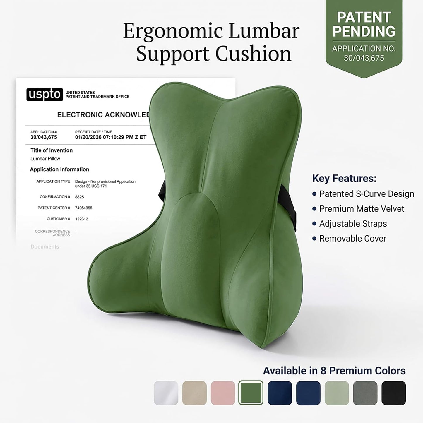 Lumbar Support Pillow(Pat. Pend) – Multi-Functional Ergonomic Back Cushion for Sofa Chair, Car Seat & Sofa, Reading Pillow with Firm Multi-Zone Support to Relieve Lower Back Pain, Misty White