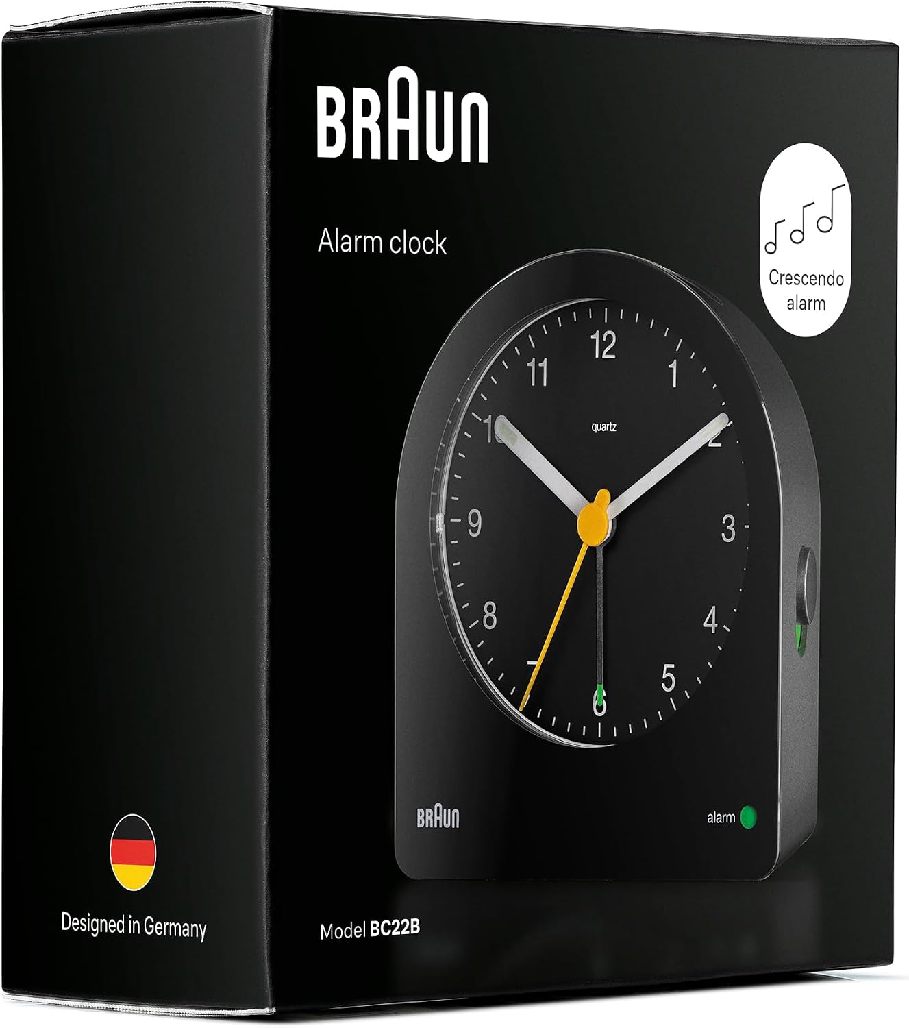 Braun Classic Analogue Alarm Clock with Snooze and Continuous Backlight, Quiet Quartz Movement, Crescendo Beep Alarm in White, Model BC22W.