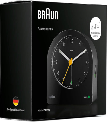 Braun Classic Analogue Alarm Clock with Snooze and Continuous Backlight, Quiet Quartz Movement, Crescendo Beep Alarm in White, Model BC22W.