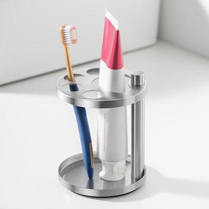 Metal Toothbrush Holder Stand for Bathroom: Stainless Steel Ventilated Organizer with Slots for Electric Toothbrushes, Toothpaste, Razors & Small Comb, Unique Footprint Base Design, Black
