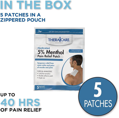 Thera Care 5% Menthol Medicated Patch, 5 Count | Cold Hot Sensation for Neck, Shoulder & Small Areas, 4.6” x 3.1”, Flexible Stay-On Adhesive