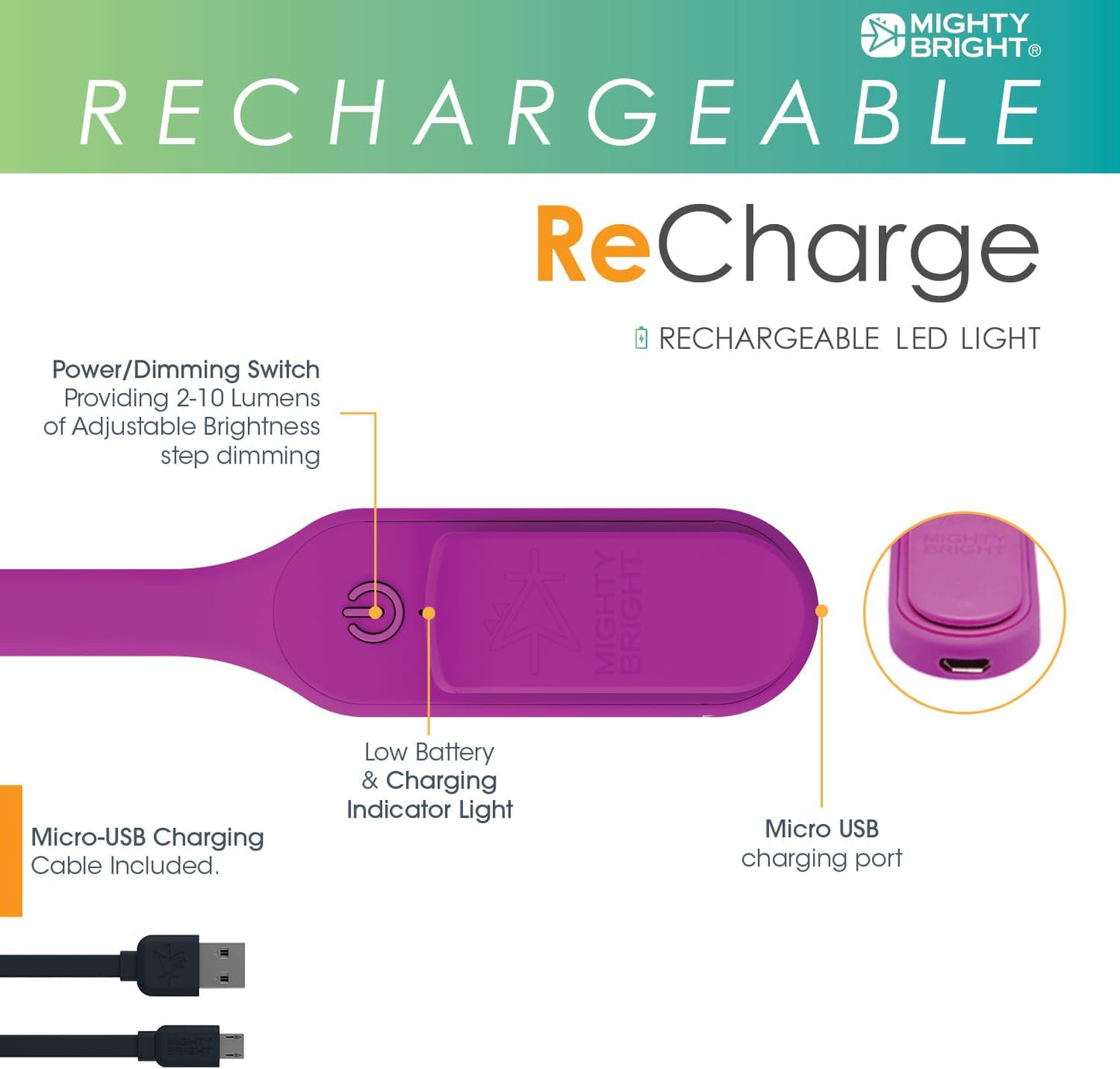 The Original Mighty Bright Recharge Clip On Rechargeable Book Light Reading Light, Warm Eye Care LEDs, Flexible, Durable, Dimmable, Perfect for Kids, Bookworms, Reading in Bed, Lasts 60 Hours (Green)