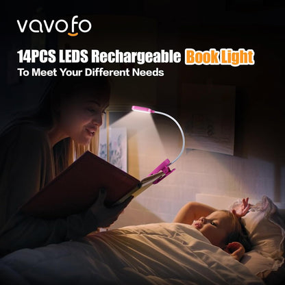 VAVOFO Rechargeable Book Light, 14 LEDs Eye Care Clip On Amber Reading Light for Bookworms Reading in Bed with 9 Colors 9 Brightness (Blue)