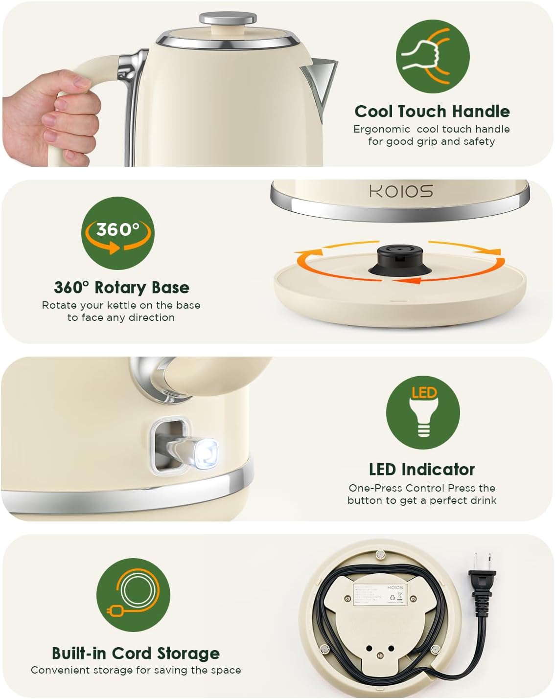 Electric Kettle 1.8L with Temperature Gauge, 1500W Fast Boiling Electric Tea Kettle, 100% Stainless Steel Retro-Style Hot Water Kettle Electric - Glowing LED Light, Auto Shut-Off & Boil-Dry Protection