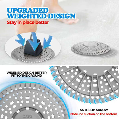 Shower Drain Hair Catcher Silicone Flat Floor Strainer Protector | 2 Pack Gray Weighted Flat Shower Drain Protectors, Traps Hair Before Clogs, Easy to Clean in Seconds, Fits Flat Floor Drains