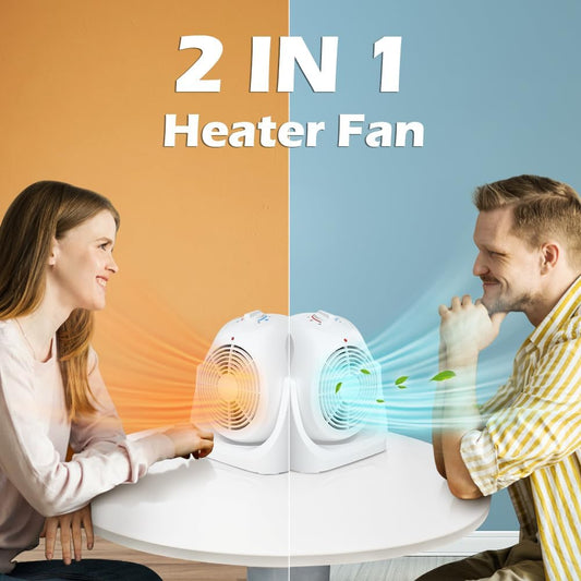 LifePlus 2 in 1 Heater Fan Combo, Portable Cooling Desk Fan, Air Circulator Fan 45° Tilt, 2 Wind Speeds, 1500W Overheat Protection Personal Small Floor for Home Office White
