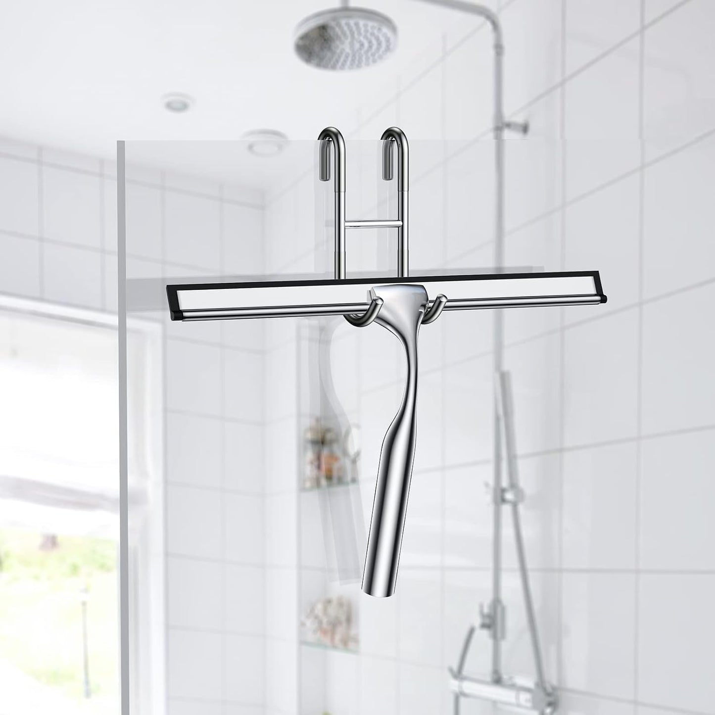 Black Shower Squeegee for Glass Door 12-Inch Bathroom Squeegee Window Wiper, with Shower Door Hook, Adhesive Hook, Spare Silicone Blade for Window Mirror Car All-Purpose Squeegee