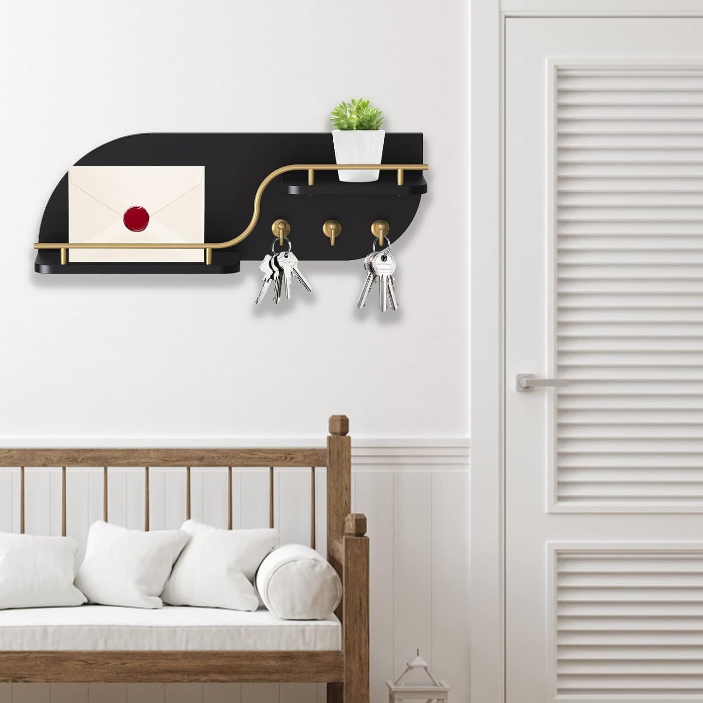 Key Holder for Wall, Decorative Key and Mail Organizer with 3 Metal Hooks and 2 Shelves, Wood Wall Mounted Key Rack for Entryway, White