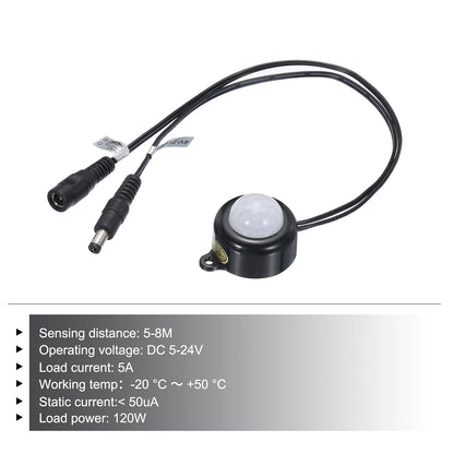 MECCANIXITY DC 6V-24V 5A PIR Motion Activated Sensor Switch with DC Coupler Cable for Kitchen Cabinet LED Strip Light, with Light Sensor Black