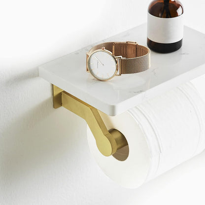 Hoimpro Toilet Paper Holder Wall Mounted, Marble Tissue Roll Rack | Brushed Gold | White Natural Marble Shelf Hand Paper Roll Holder, for Bathroom Kitchen Washroom Bedroom Aluminum