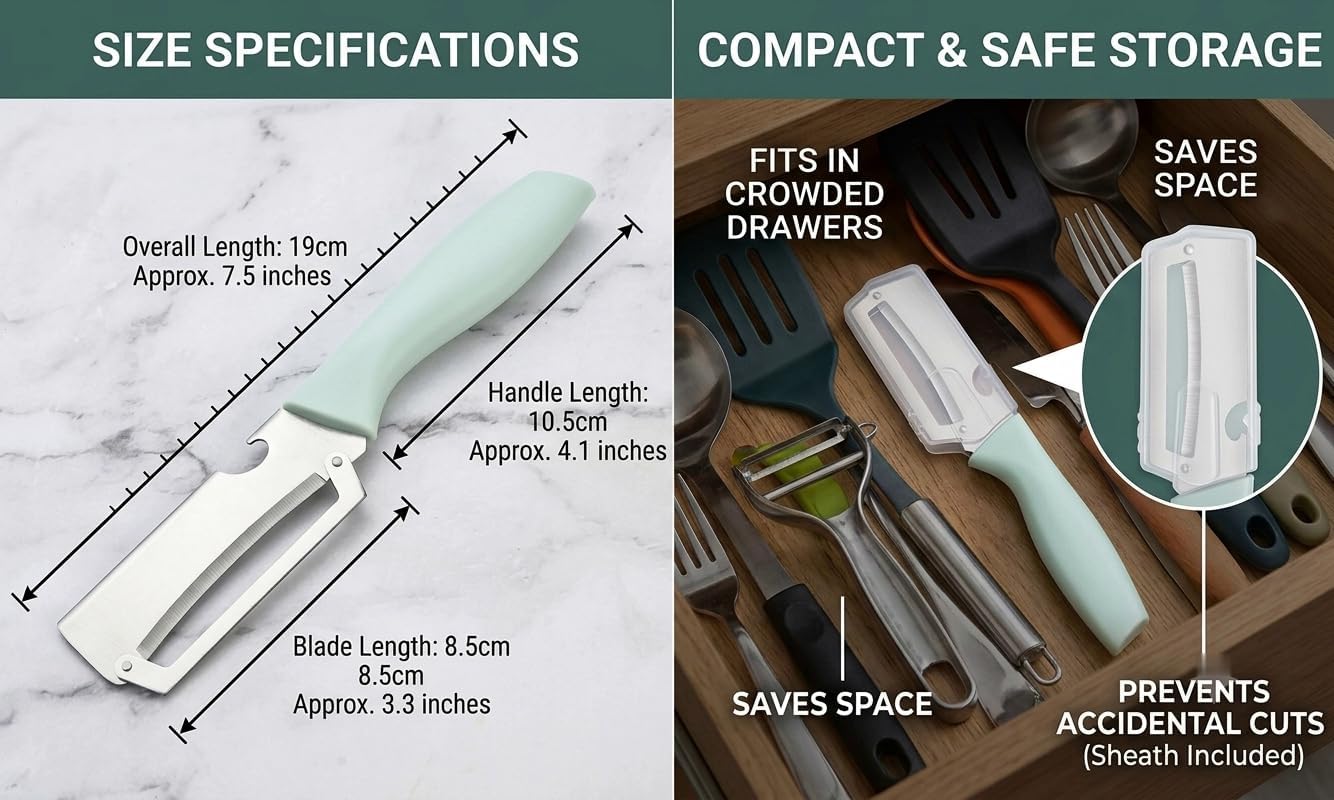 Vegetable Peeler 2 Pack, 3-in-1 Stainless Steel Tool for Kitchen | Fruit peeler and bottle opener with protective covers for drawers, camping, BBQs and RV meal prep