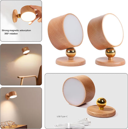 Wooden Wall Sconce 360° Rotatable Magnetic Stick on Bedside- Beech,1 PCS | Wall light self adhesive,dimmable touch control. USB-C port, minimalist style in hallways,closets,desk,reading,ambient