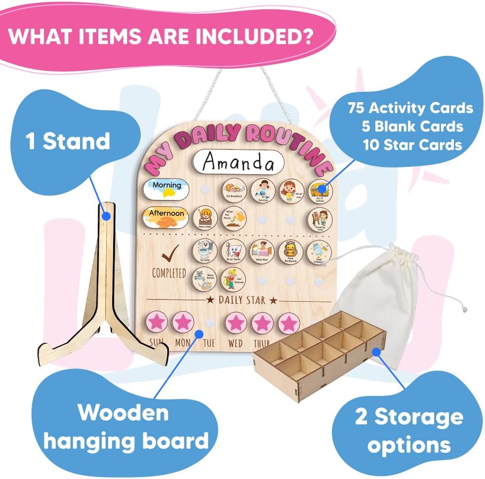Wooden Daily Routine for Kids, Chore Chart for Toddler, Daily Responsibilities for Kids, Visual Schedule, Morning Bedtime Routine for Girls