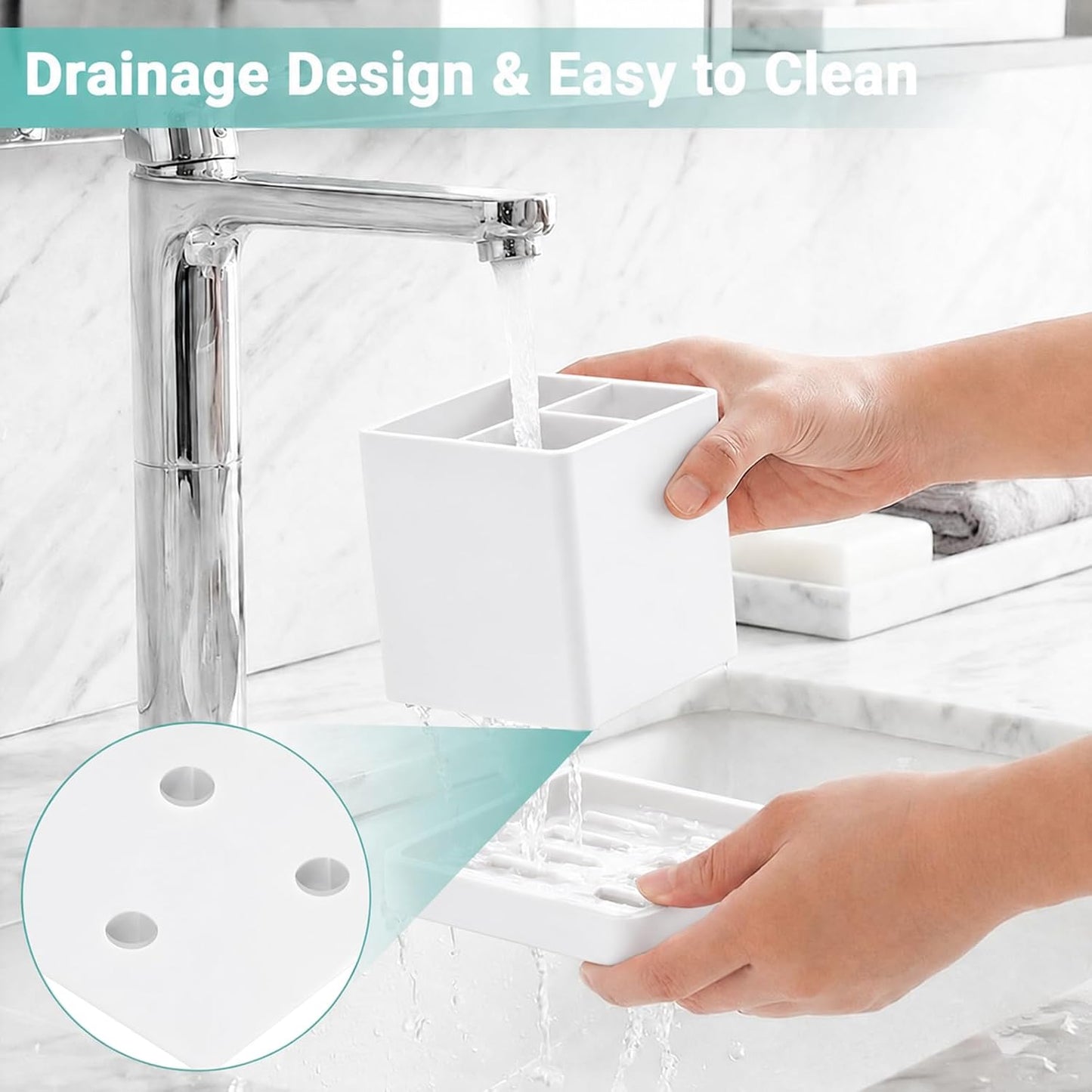 Silicone Toothbrush Holders for Bathrooms with Drainage Tray, White Marble | 3 Slots Unbreakable Countertop Electric Tooth Brush and Toothpaste Holder Organizer Stand, Marble Bathroom Accessories Decor