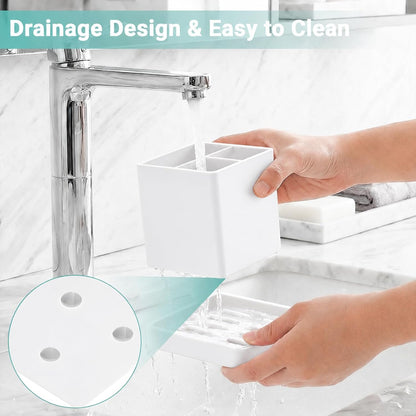Silicone Toothbrush Holders for Bathrooms with Drainage Tray, White Marble | 3 Slots Unbreakable Countertop Electric Tooth Brush and Toothpaste Holder Organizer Stand, Marble Bathroom Accessories Decor