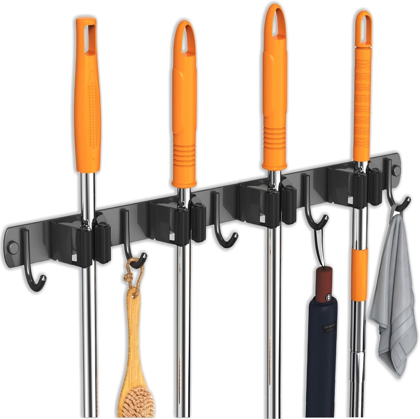 CUXIXA Mop and Broom Holder Wall Mount, Upgraded Broom Organizer Wall Mount, Stainless Steel Broom Hanger Wall Mount for Home Kitchen Garden Laundry Garage (3 Racks with 4 Hooks)