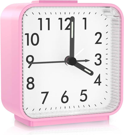 Analog Alarm Clock, Bedside Clocks Battery Powered, Silent Non Ticking Travel Clock with Night Light, Snooze, Easy Set, Clock for Heavy Sleepers Kids Elder Travel Bedroom Office, Pink