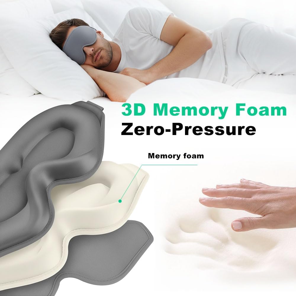 3D Sleep Mask for Side Sleepers, Blackout & Zero Pressure - Breathable Memory Foam, Adjustable Strap - for Travel, Yoga & Meditation Black