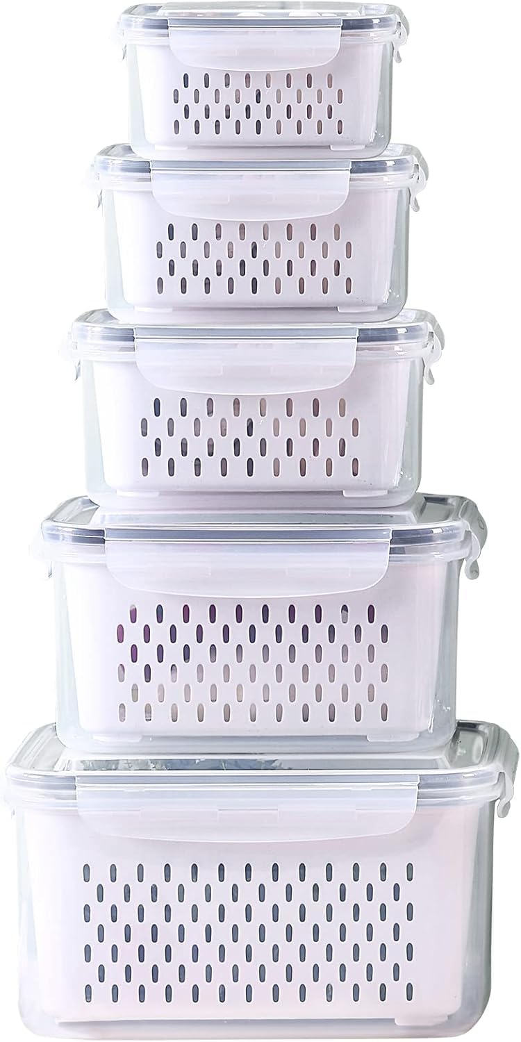 3Pack Fridge Food Storage Container Set with Lids with Strainer, Fruit Vegetable Storage Containers Keep Fruits, Vegetables, Berry, Meat Fresh longer, BPA-Free Plastic Produce Keepers