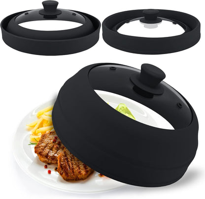 Microwave Splatter Cover Glass,10.5 Inch Collapsible Microwave Cover for Food Glass, Silicone Vented Splatter Guard Lid, Silicone Dish Plate Cover, Dishwasher Safe, Heat Resistant, BPA-Free, Black