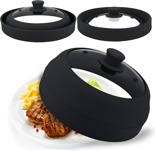 Microwave Splatter Cover Glass,10.5 Inch Collapsible Microwave Cover for Food Glass, Silicone Vented Splatter Guard Lid, Silicone Dish Plate Cover, Dishwasher Safe, Heat Resistant, BPA-Free, Black