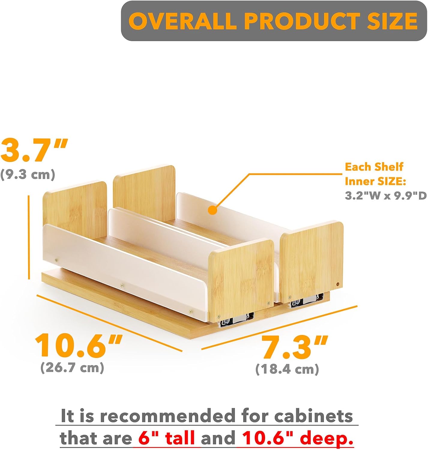 SpaceAid Bamboo Pull Out Spice Rack Organizer for Cabinet, Heavy Duty Slide Out Seasoning Kitchen Pantry Sliding Vertical Organization, 7.6" Wide, 3 Drawers(2" Wide), 2-Tier, Natural