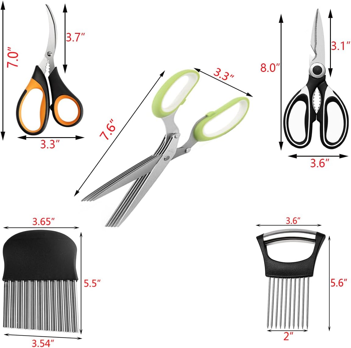 5-Blade Herb Scissors, Kitchen Shears, Seafood Scissors, Onion Holder Slicer and Potato Crinkle Cutter, yamesu Kitchen Gadget Salad Herb Tools 5 Sets