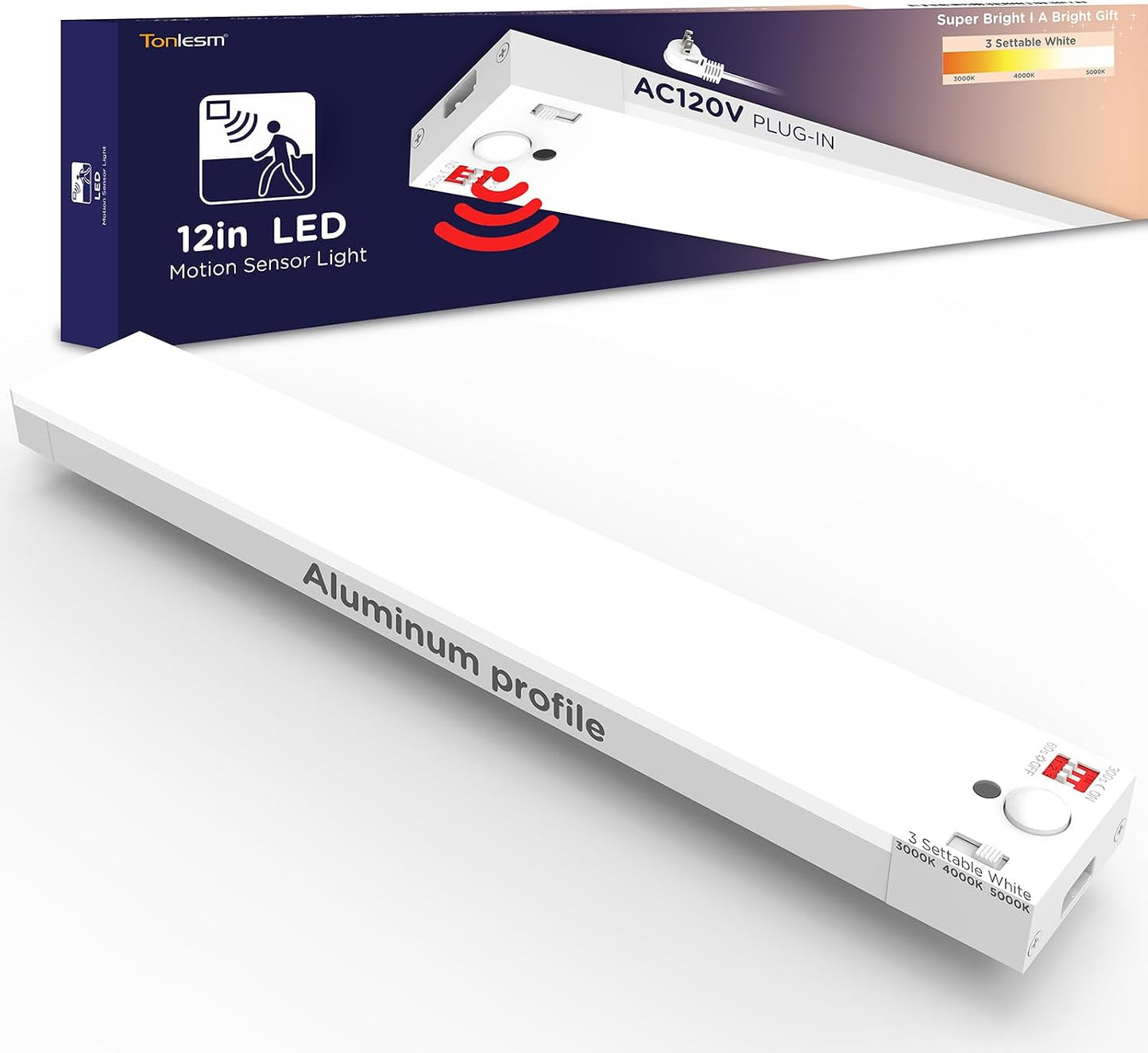 Under Cabinet Lighting Plug in, AC120V LED Motion Sensor Light Indoor 3000K/4000K/5000K, Super Bright, Linkable Under Counter Light for Kitchen,Closet,Shelf,Aluminum (16inch,White,2Pack)